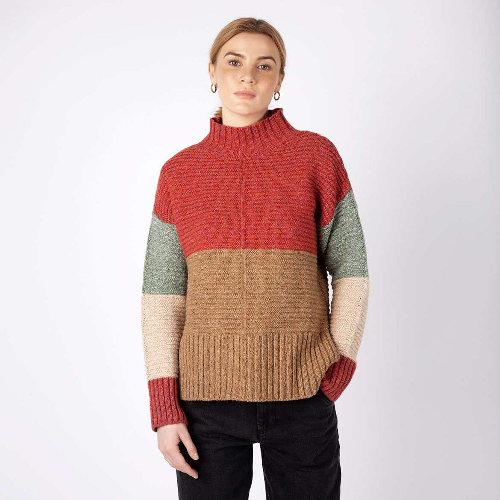 irish wool, funnel neck, colour block sweater in sunset biscuit