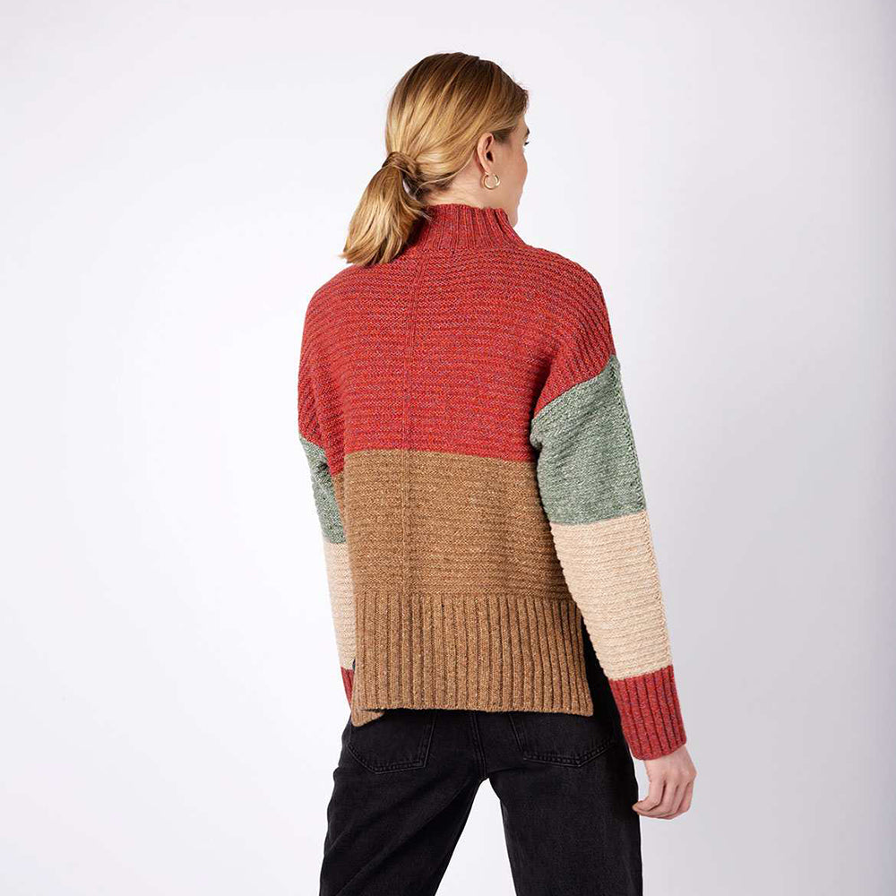 irish wool, funnel neck, colour block sweater in sunset biscuit