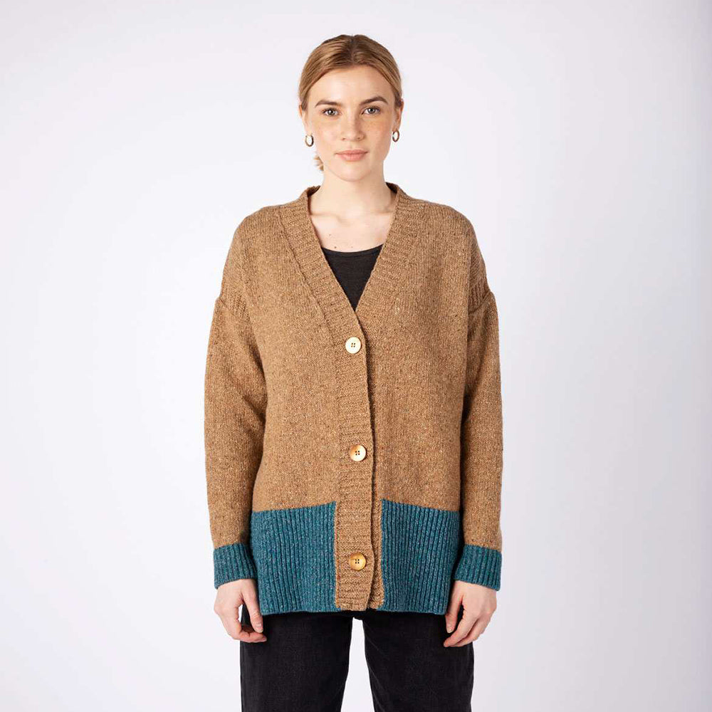 Irish Wool Button Up Colour Contrast Cardigan in Beige and aquamarine