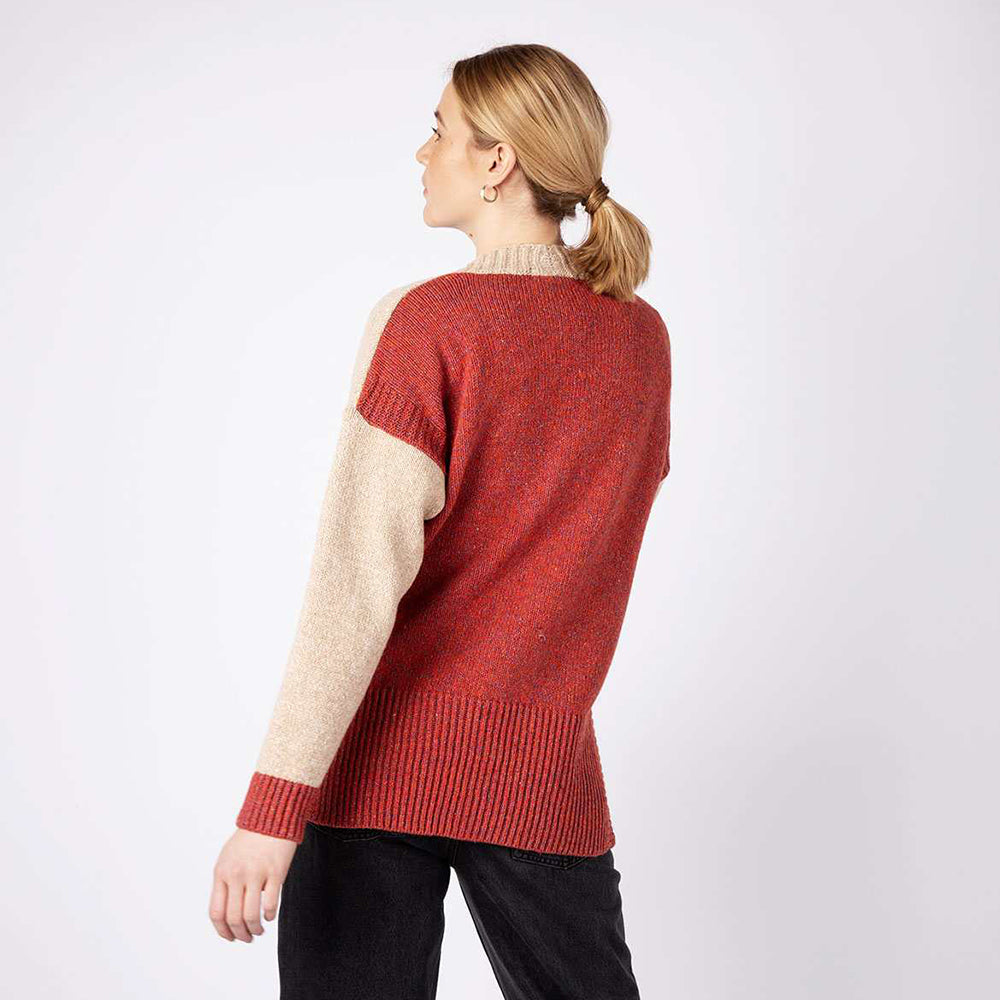 Irish Wool Button Up Colour Contrast Cardigan in Beige and Red
