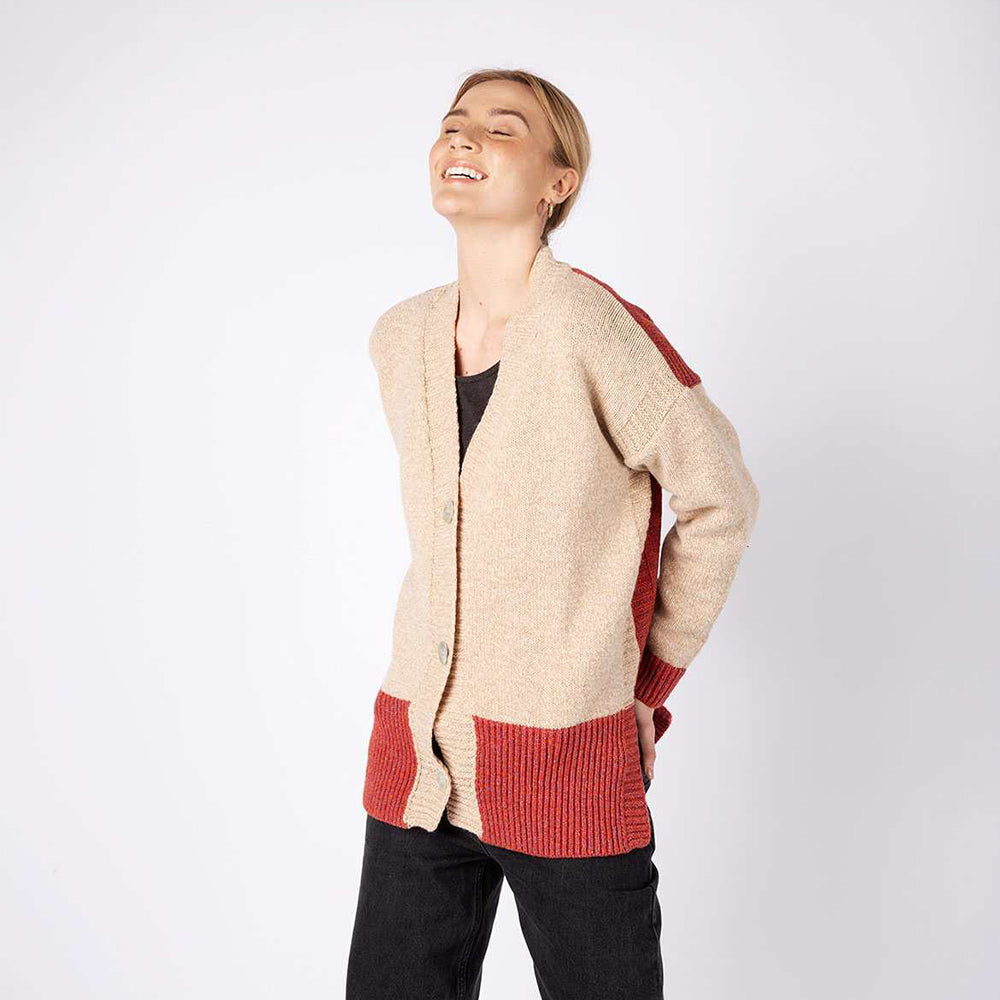 Irish Wool Button Up Colour Contrast Cardigan in Beige and Red
