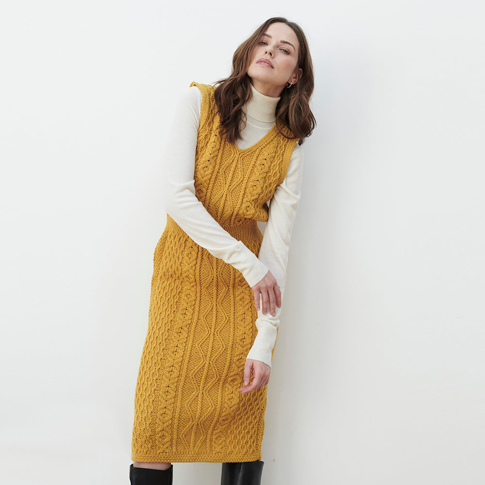 Aran Waisted Dress in Mustard Yellow