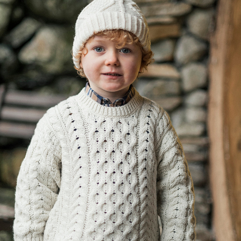 Kids aran knit cream crew neck sweater