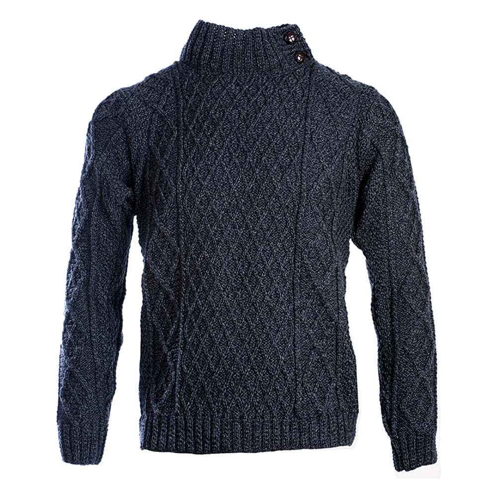 Dark grey Aran high neck sweater with button collar