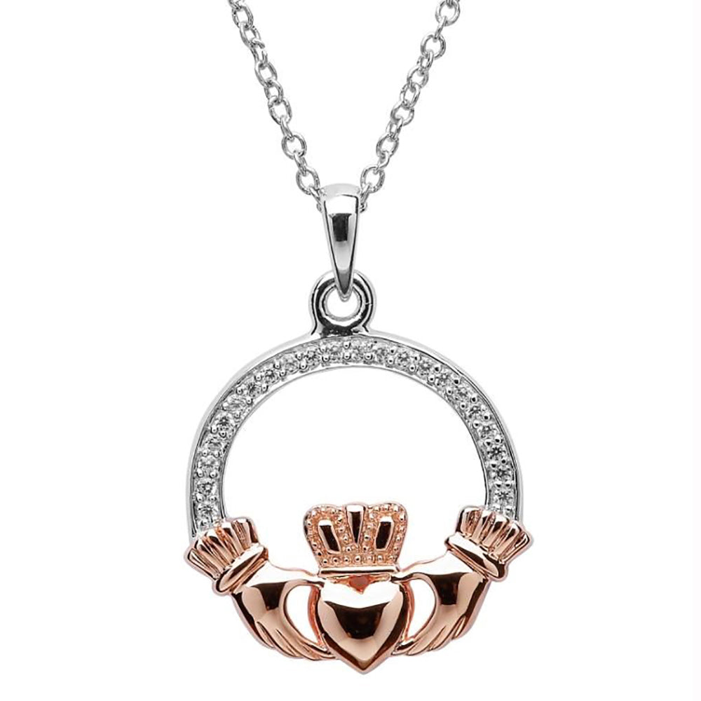 Claddagh Stone Set Rose Gold Plated Necklace Irish Made 