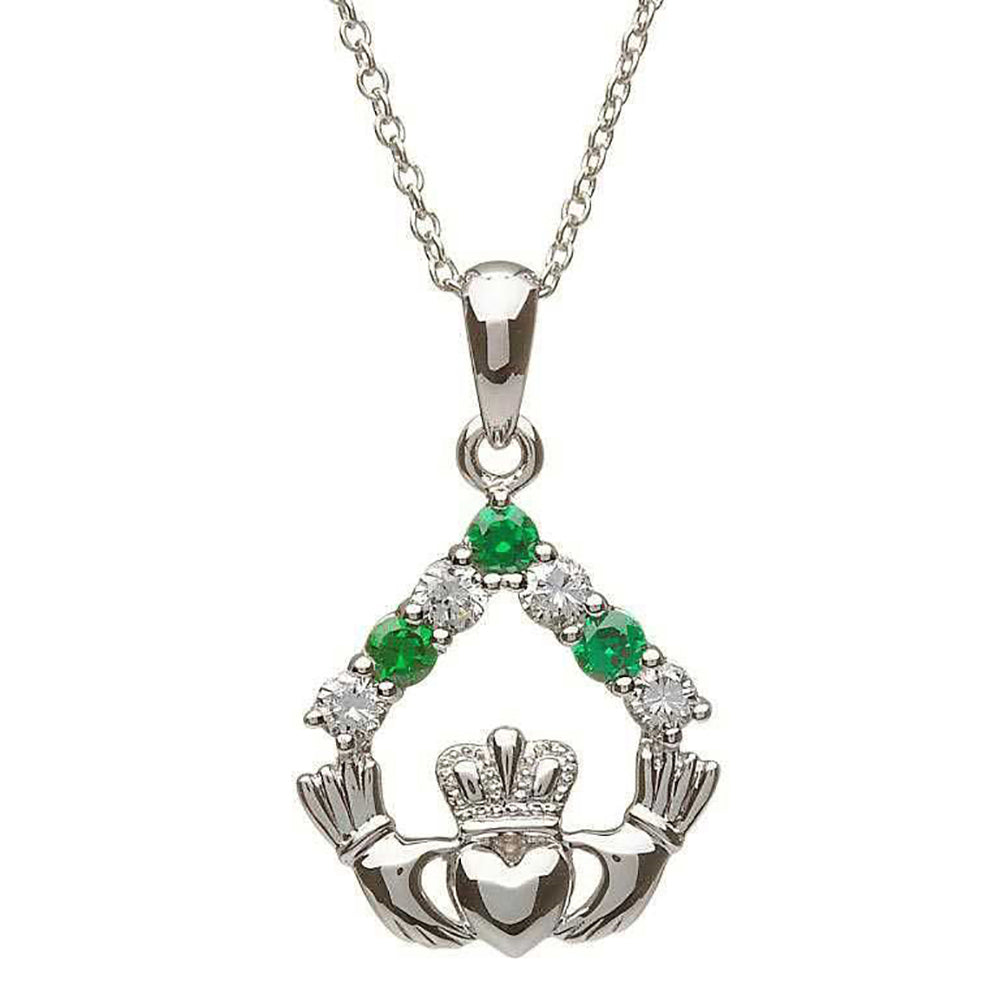 Square Claddagh Triangle pendant with emeralds and diamonds
