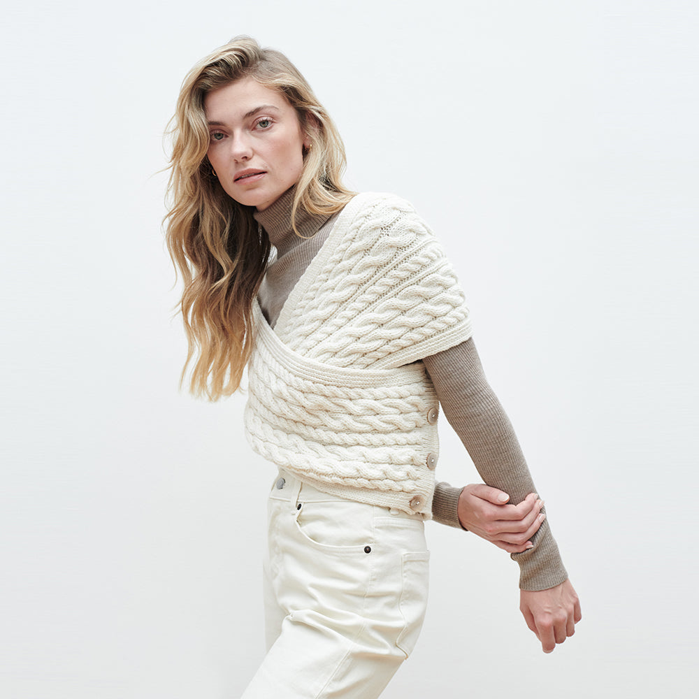 Cream Aran Wrap Sweater with Side Buttons