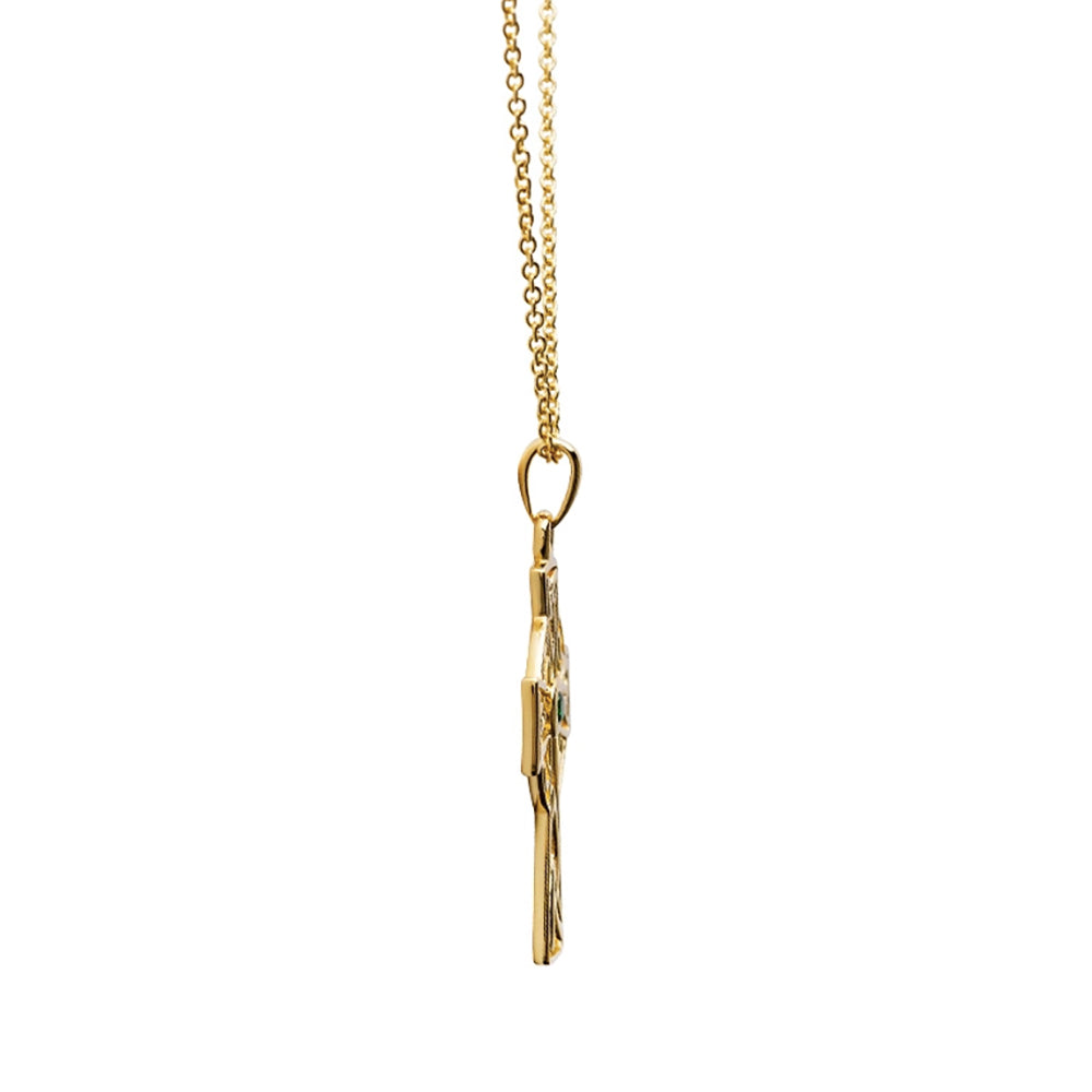 Celtic 14kt Gold Cross Necklace Green Stone