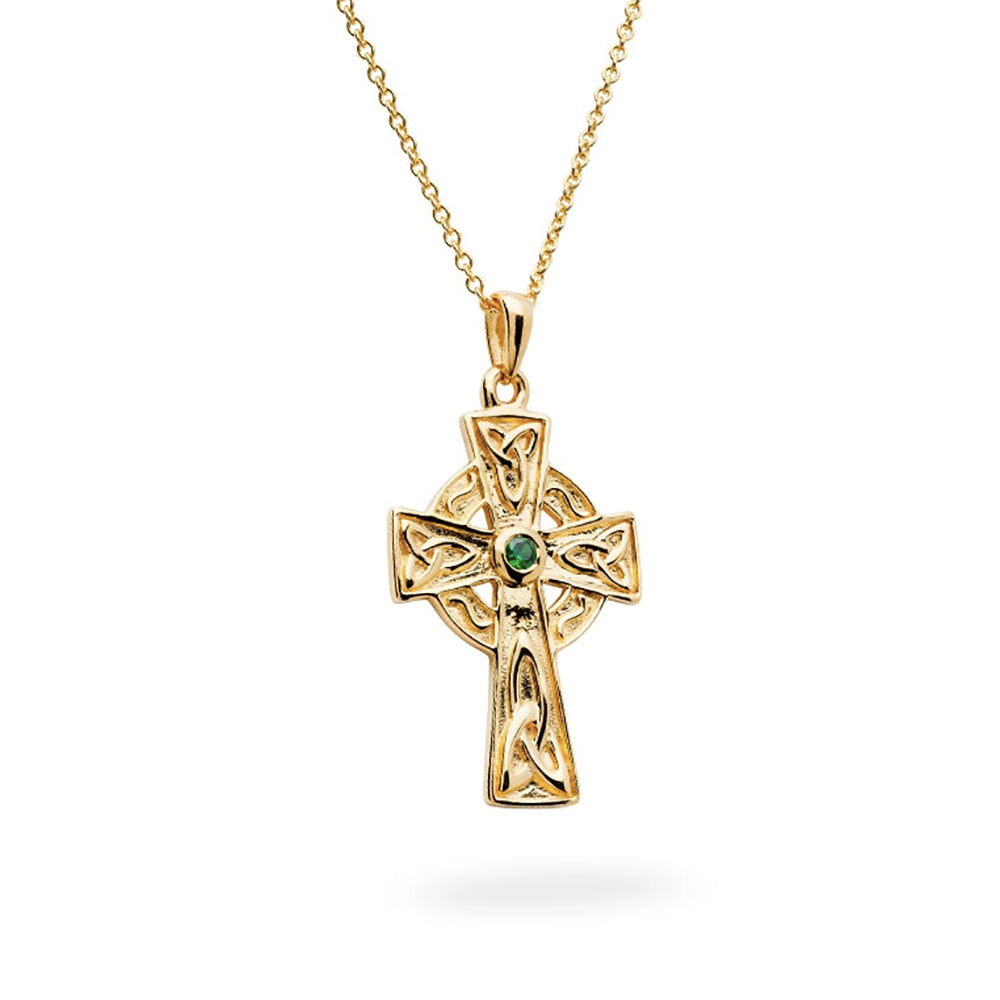 Celtic 14kt Gold Cross Necklace Green Stone