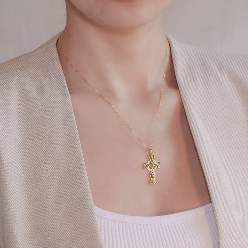 Celtic 14kt Gold Cross Necklace Green Stone On Model