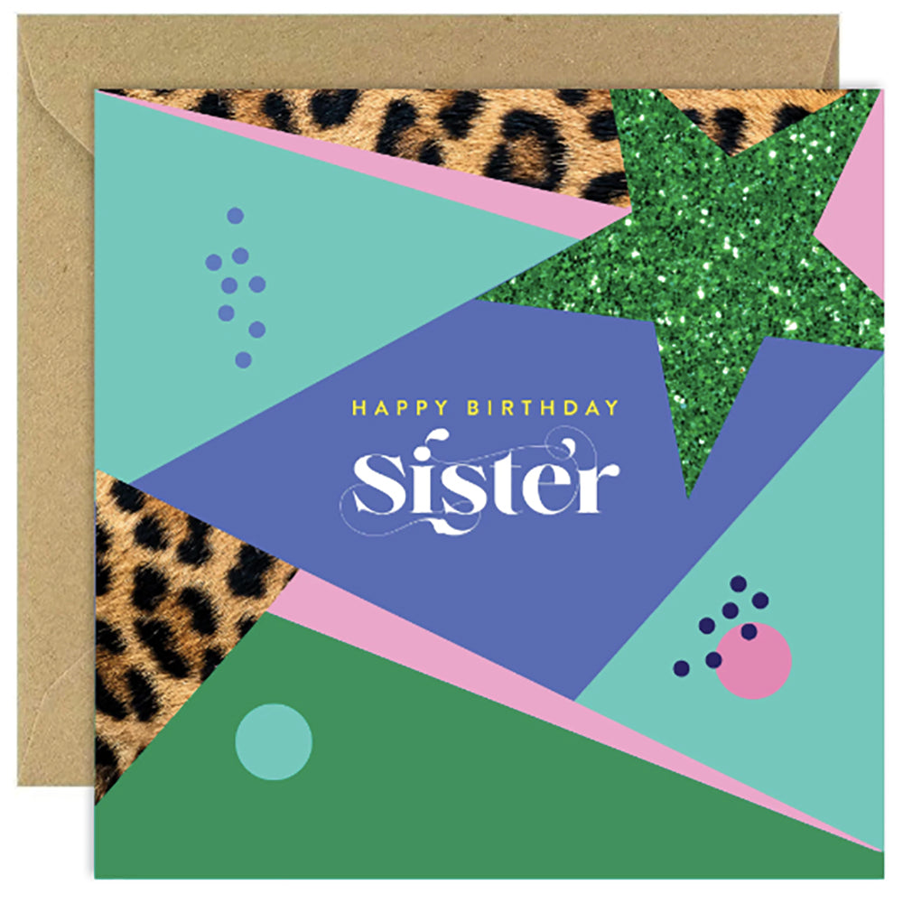 Happy Birthday Sister card with star & leopard print