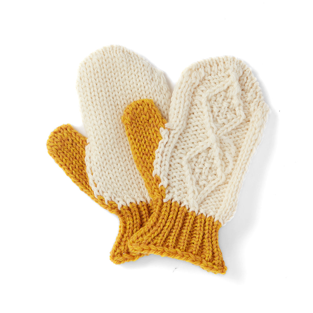 Kids' mustard yellow and cream knitted mittens