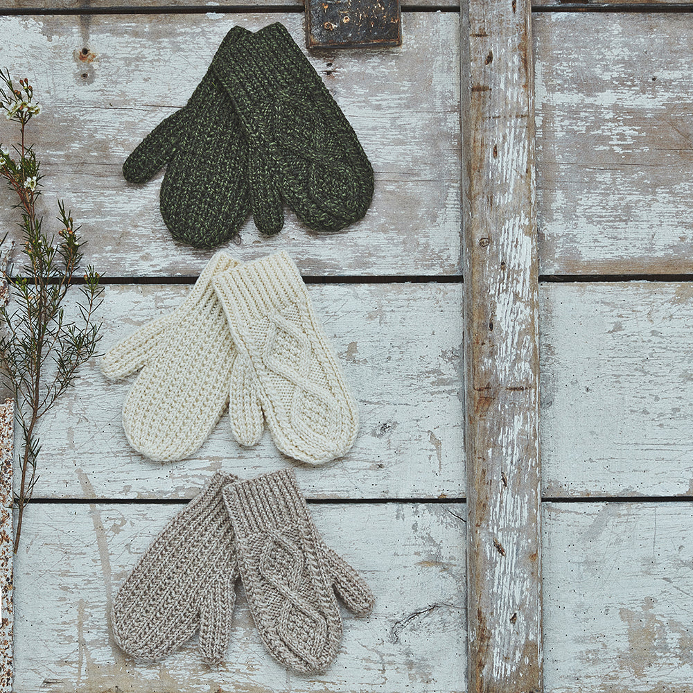 Three pairs of square knitted mittens