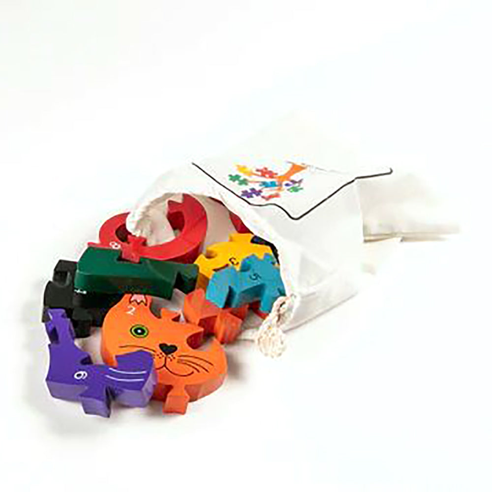 number cat wooden jigsaw puzzle in cotton bag