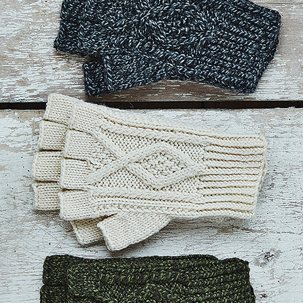 Cream fingerless glove, square knit pattern.