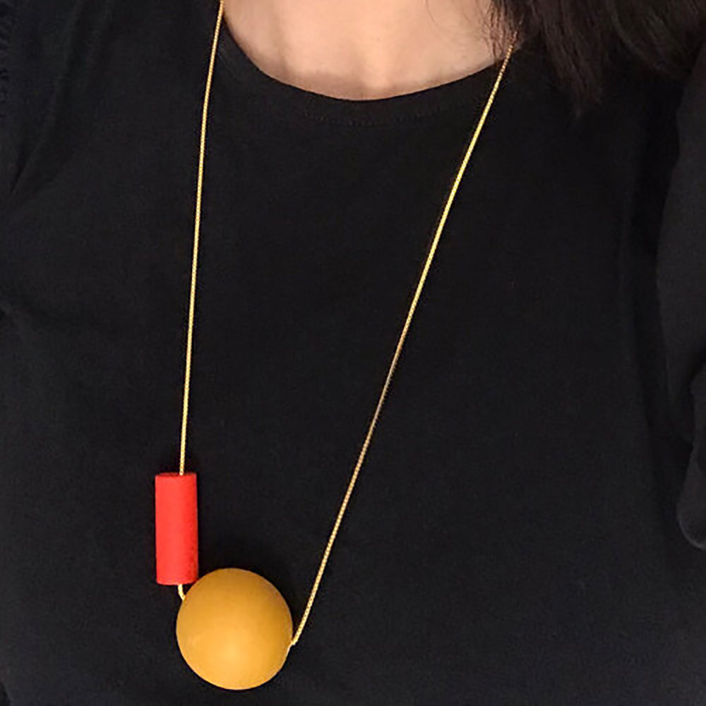 yellow and red wooden statement long necklace