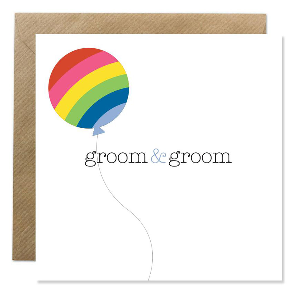 Groom & groom wedding card with rainbow balloon.