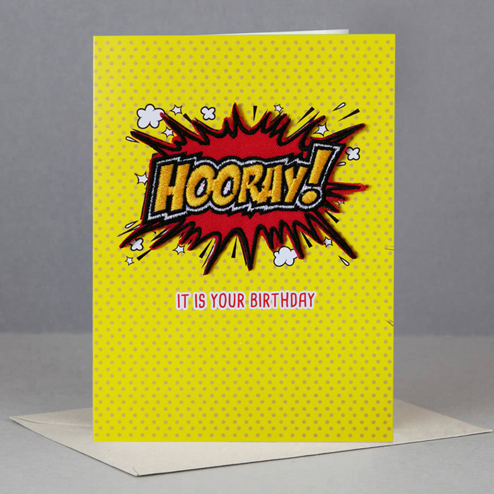 Square birthday card saying Hooray!