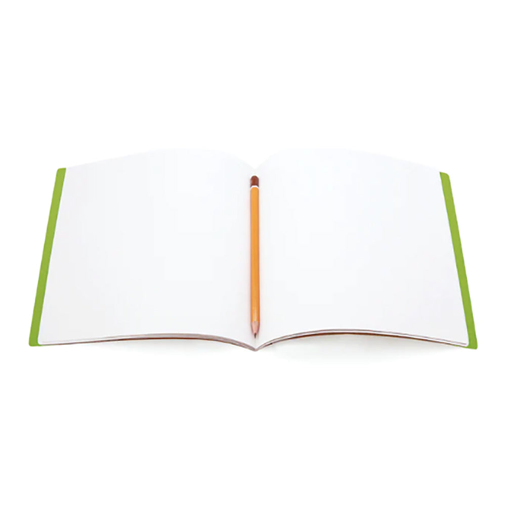 Open green notebook with pencil inside