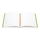 Open green notebook with pencil inside