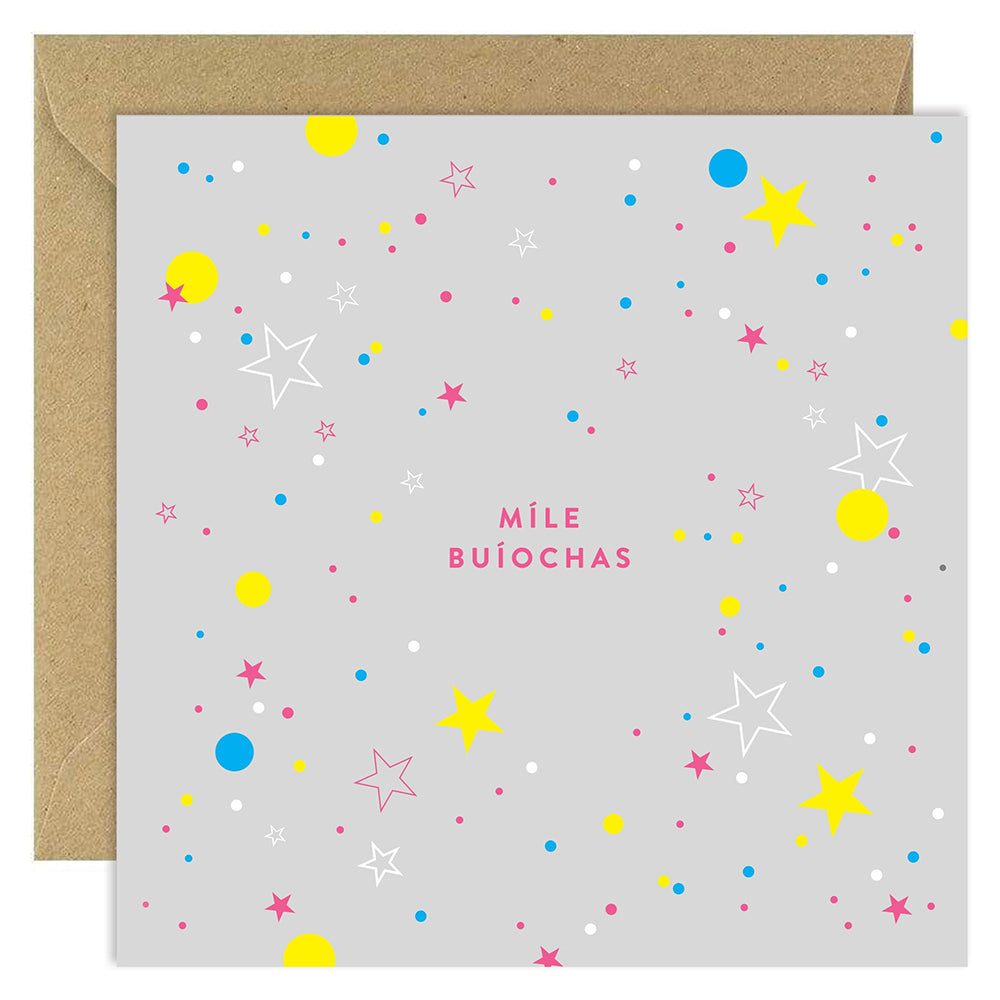 Míle Buíochas card with colorful confetti