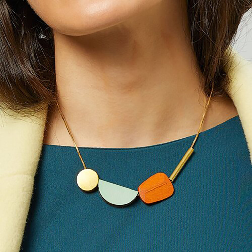 mutli shape geometric necklace in sage green and woode 