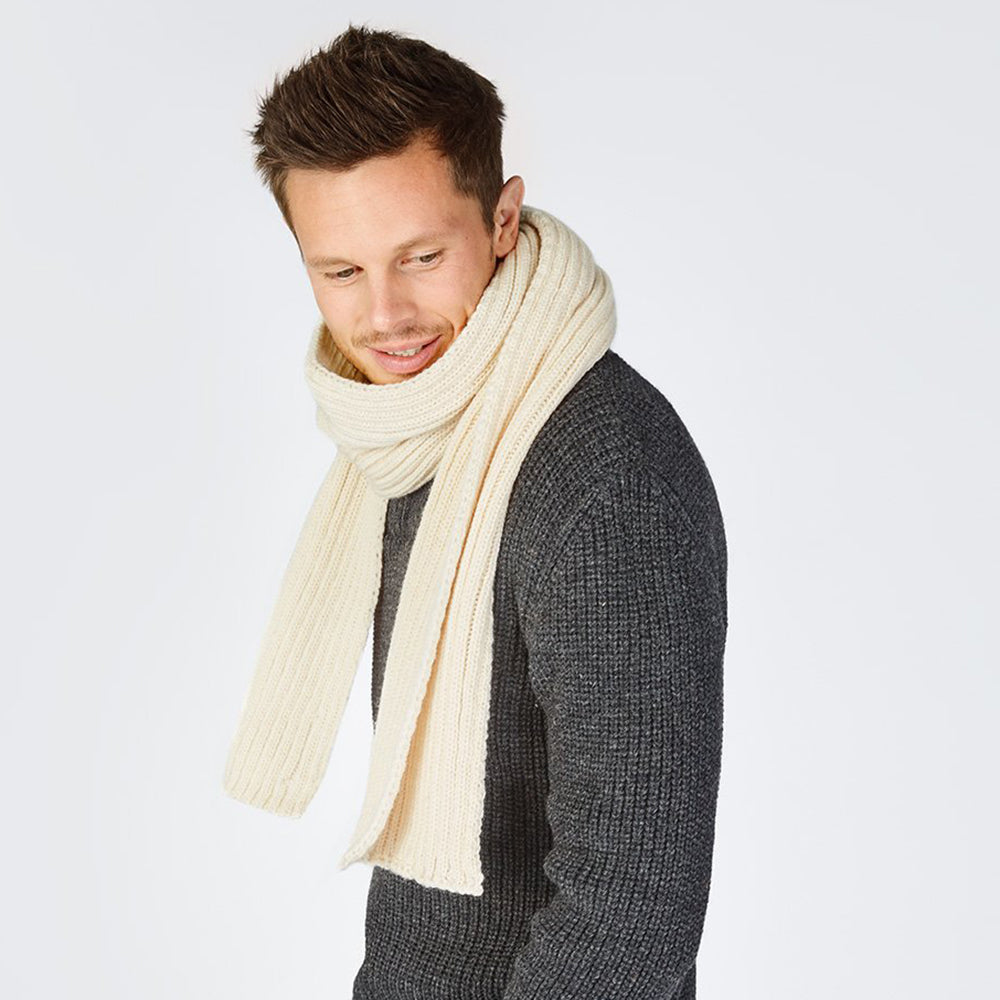 Man wearing natural square knit scarf