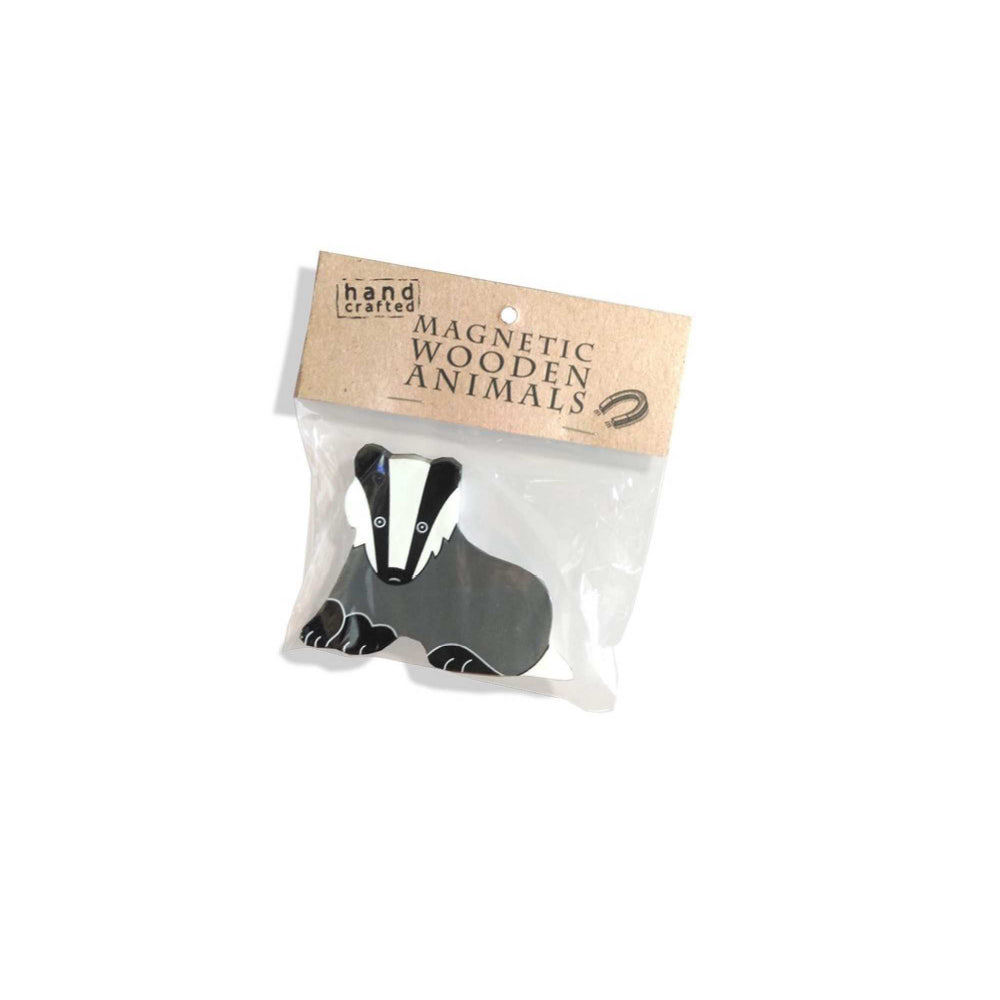 Wooden Badger Magnet in packaging 