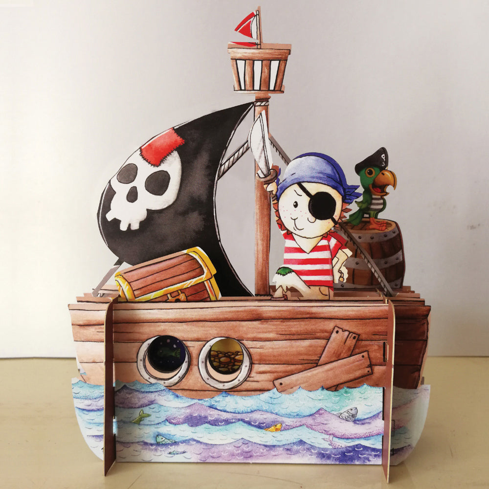 Square pirate ship with cartoon pirate and parrot