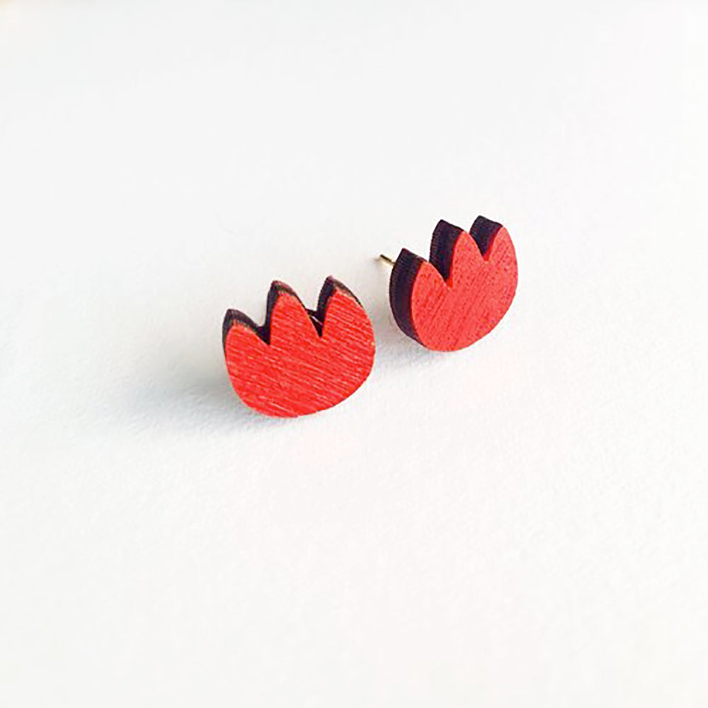 red wooden tulip earring stud