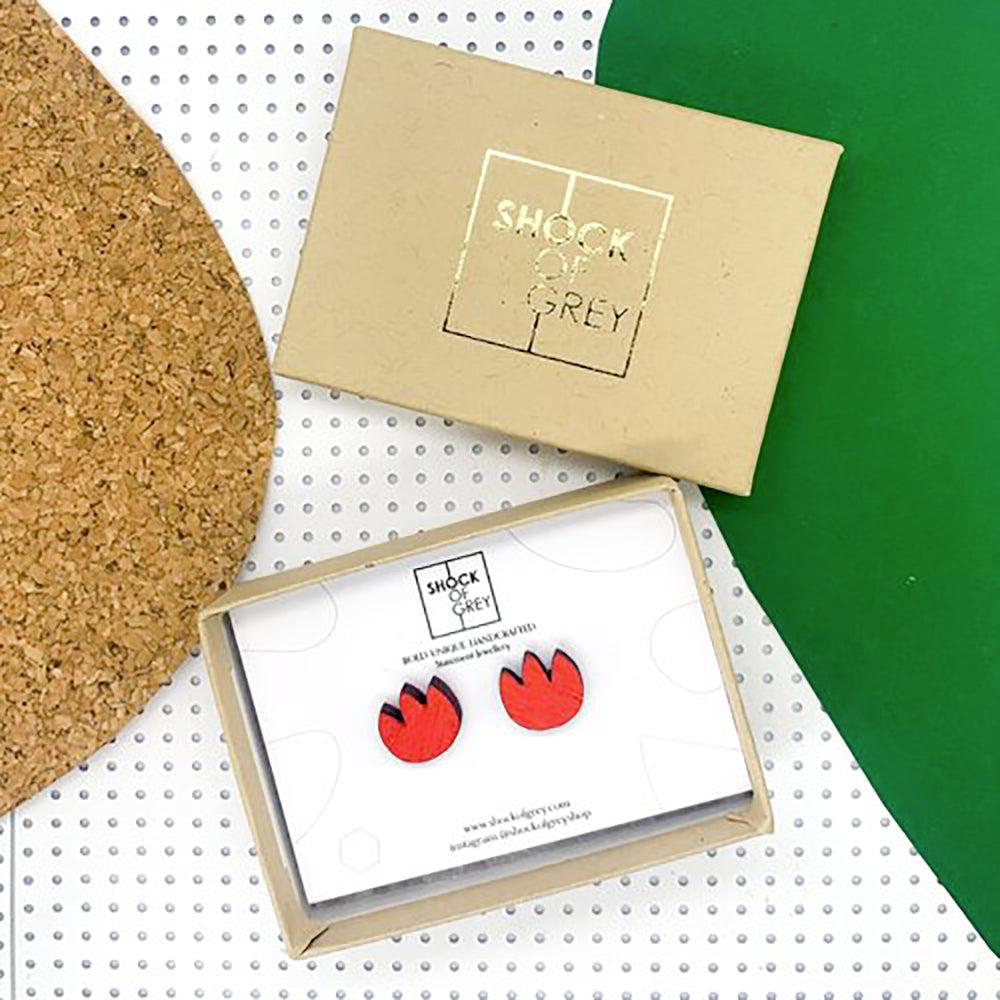red wooden tulip earring in box