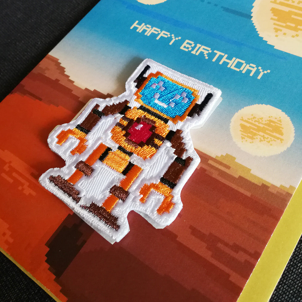 Square robot patch on Happy Birthday card