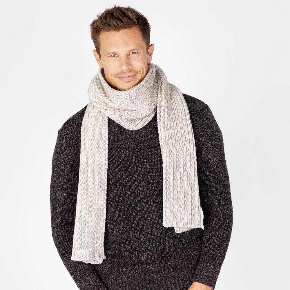 Man wearing square silver marl scarf