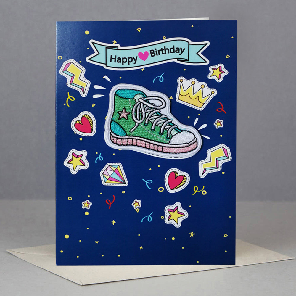 Happy Birthday card featuring a green trainer
