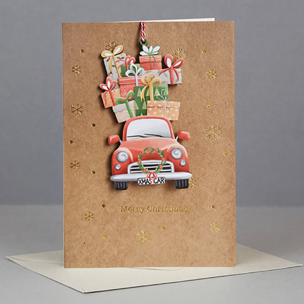 Wooden Christmas car ornament card with gifts