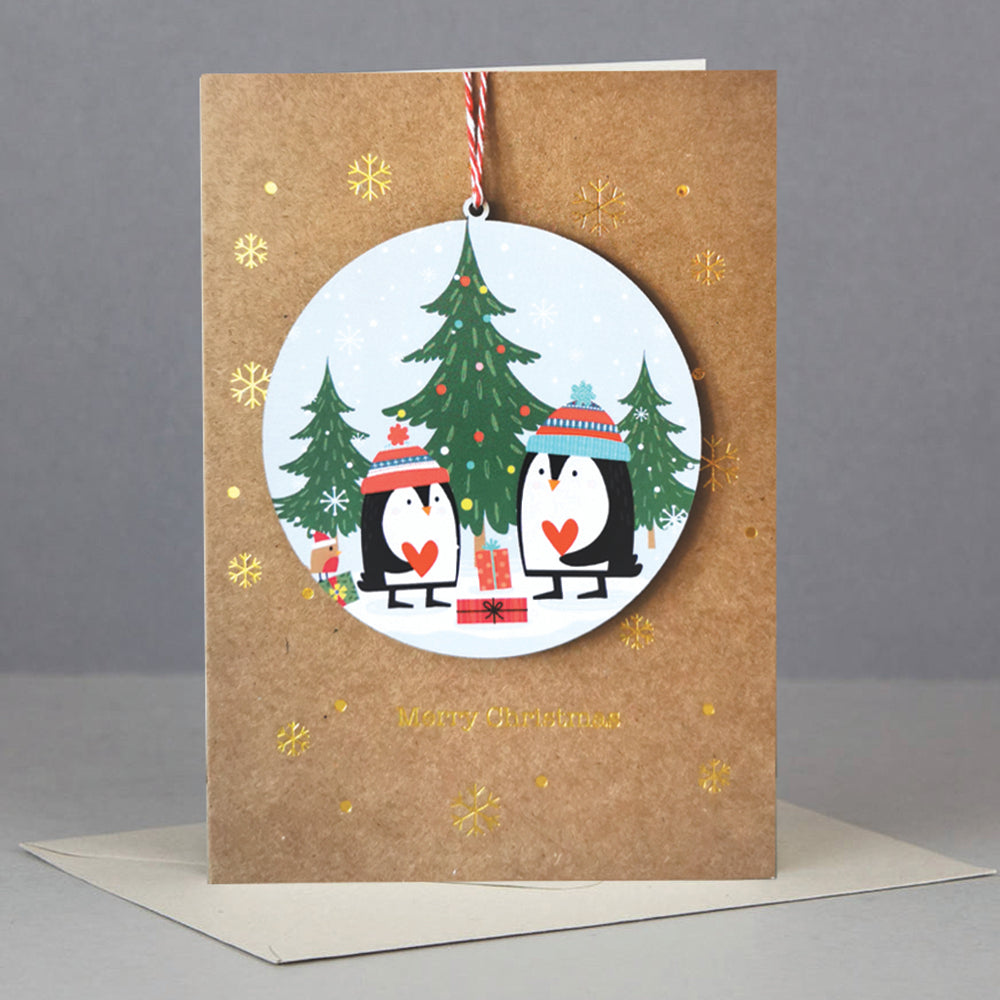 Wooden penguin ornament Christmas card